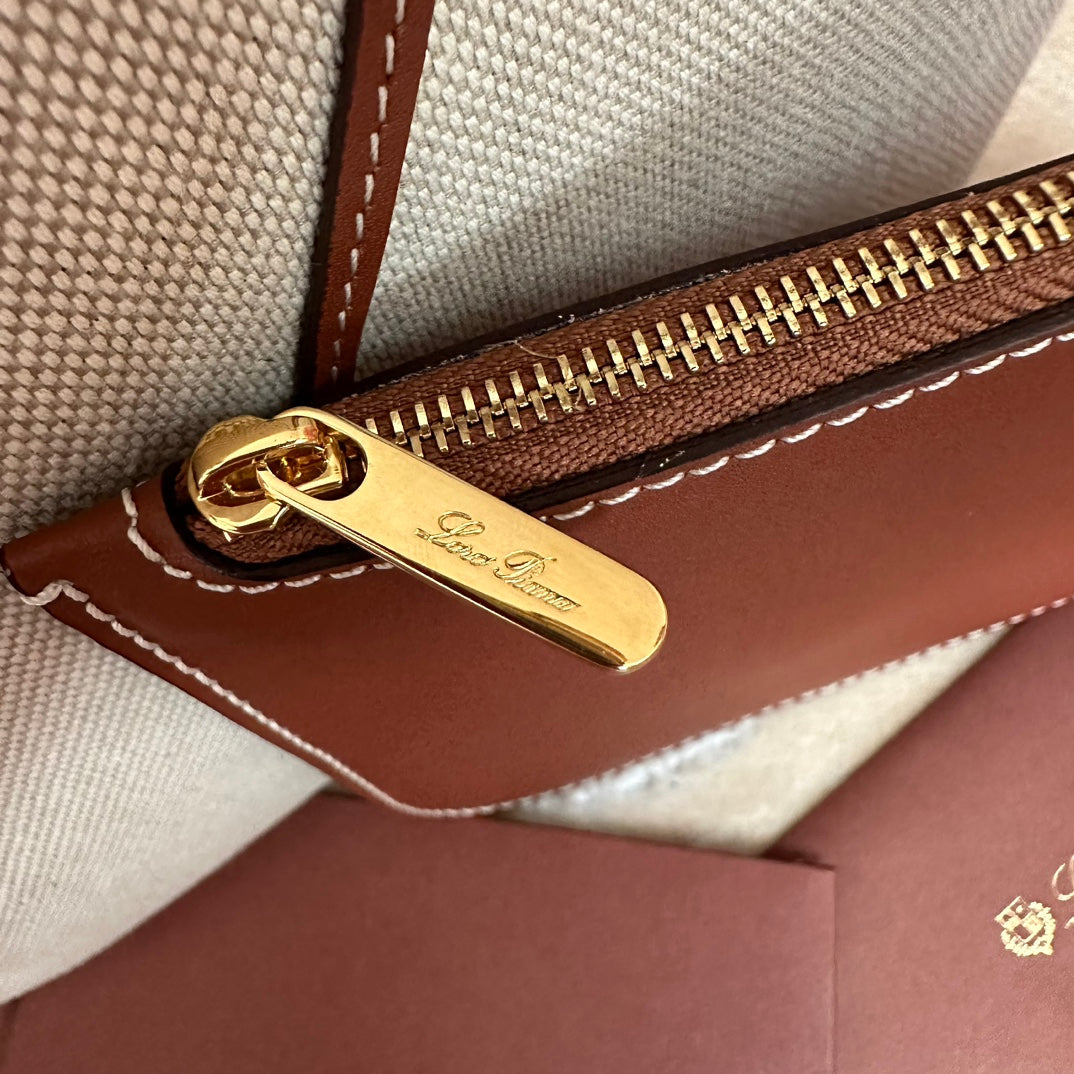 LORO PIANA LARGE 36 BALE BAG IN WHITE CANVAS AND CHESTNUT BROWN CALFSKIN