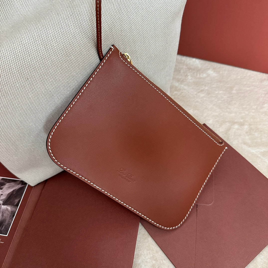 LORO PIANA LARGE 36 BALE BAG IN WHITE CANVAS AND CHESTNUT BROWN CALFSKIN