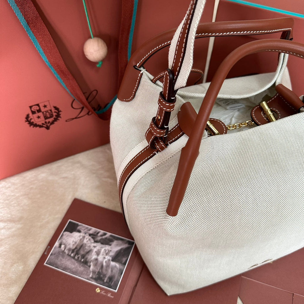 LORO PIANA LARGE 36 BALE BAG IN WHITE CANVAS AND CHESTNUT BROWN CALFSKIN