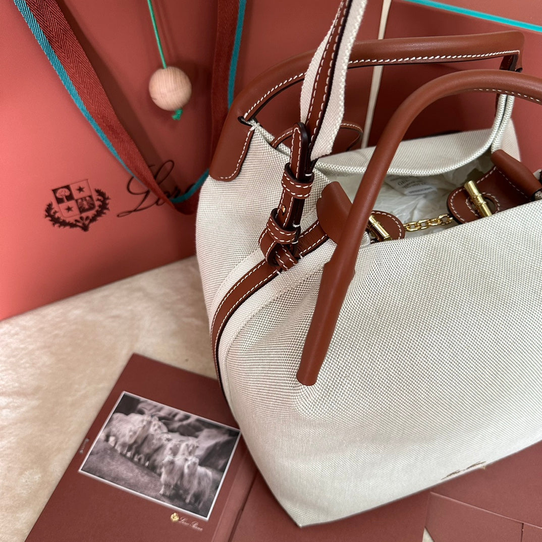 LORO PIANA LARGE 36 BALE BAG IN WHITE CANVAS AND CHESTNUT BROWN CALFSKIN