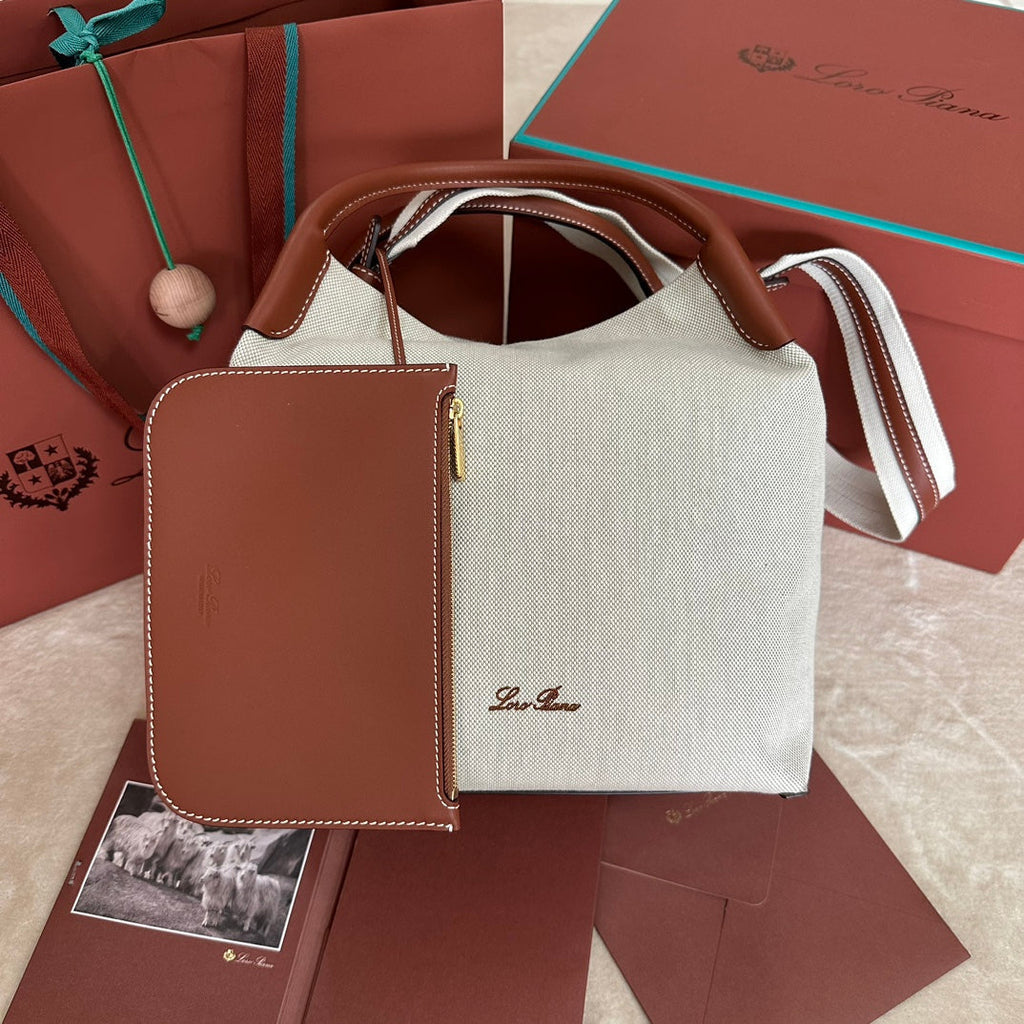 LORO PIANA LARGE 36 BALE BAG IN WHITE CANVAS AND CHESTNUT BROWN CALFSKIN
