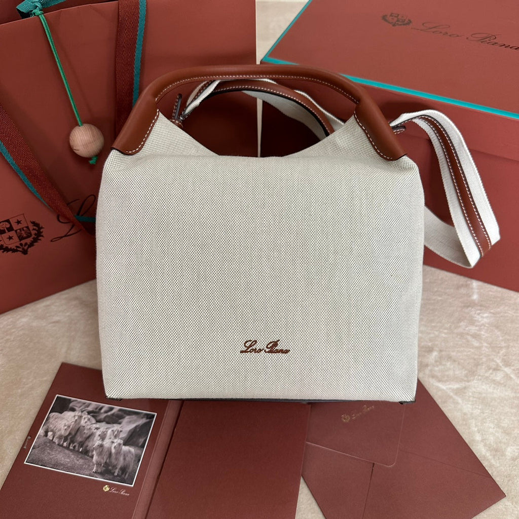 LORO PIANA LARGE 36 BALE BAG IN WHITE CANVAS AND CHESTNUT BROWN CALFSKIN