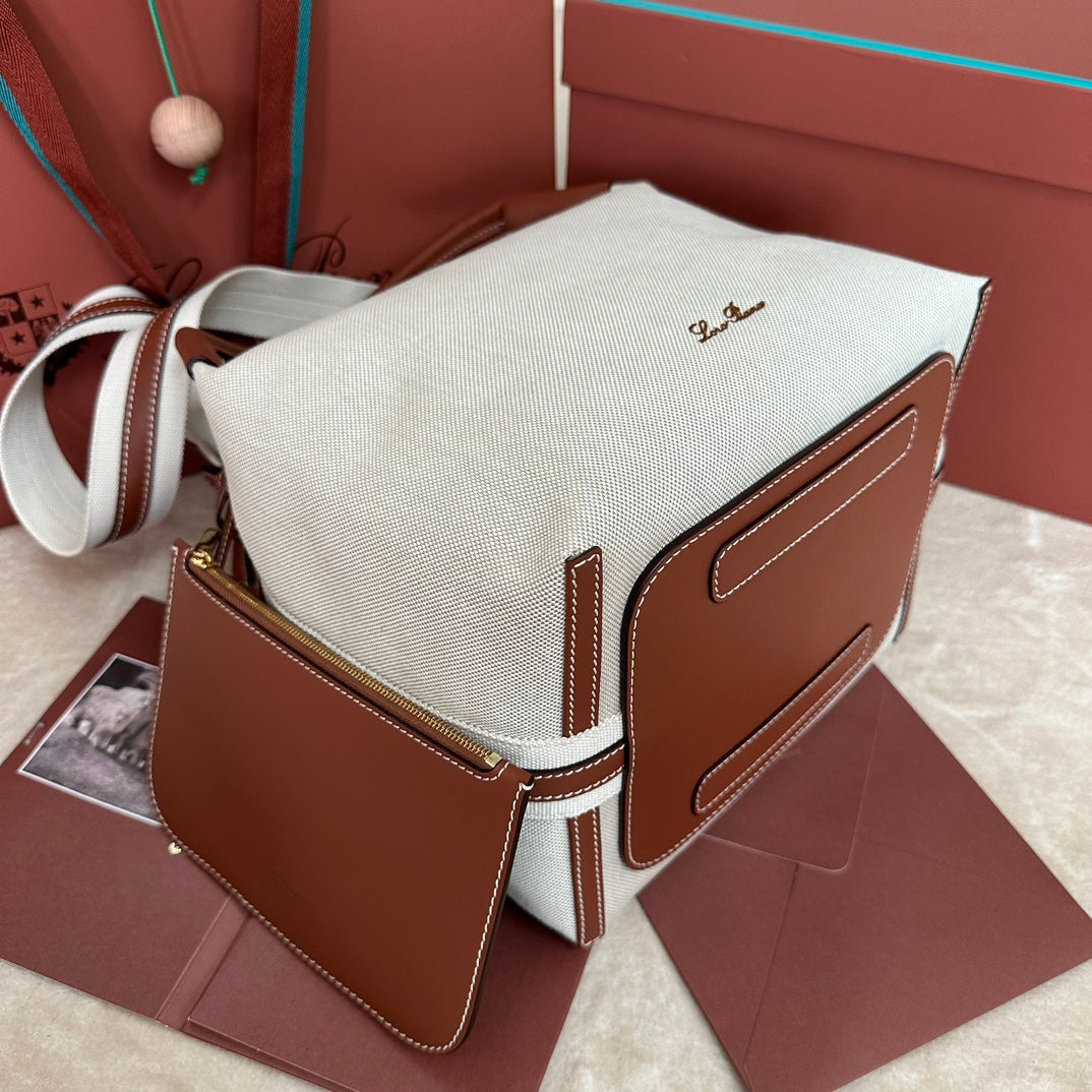 LORO PIANA LARGE 36 BALE BAG IN WHITE CANVAS AND CHESTNUT BROWN CALFSKIN