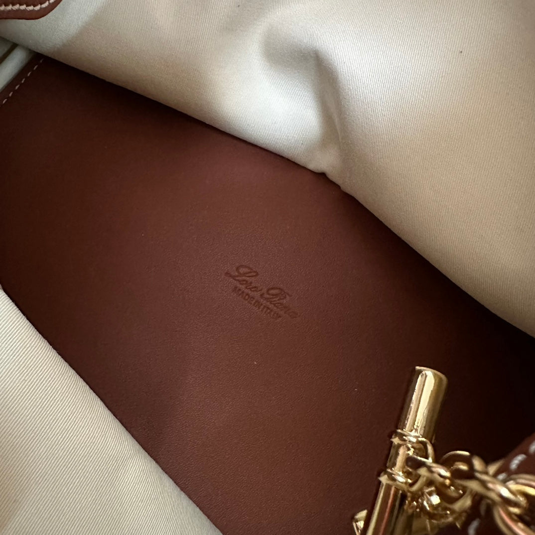 LORO PIANA LARGE 36 BALE BAG IN WHITE CANVAS AND CHESTNUT BROWN CALFSKIN
