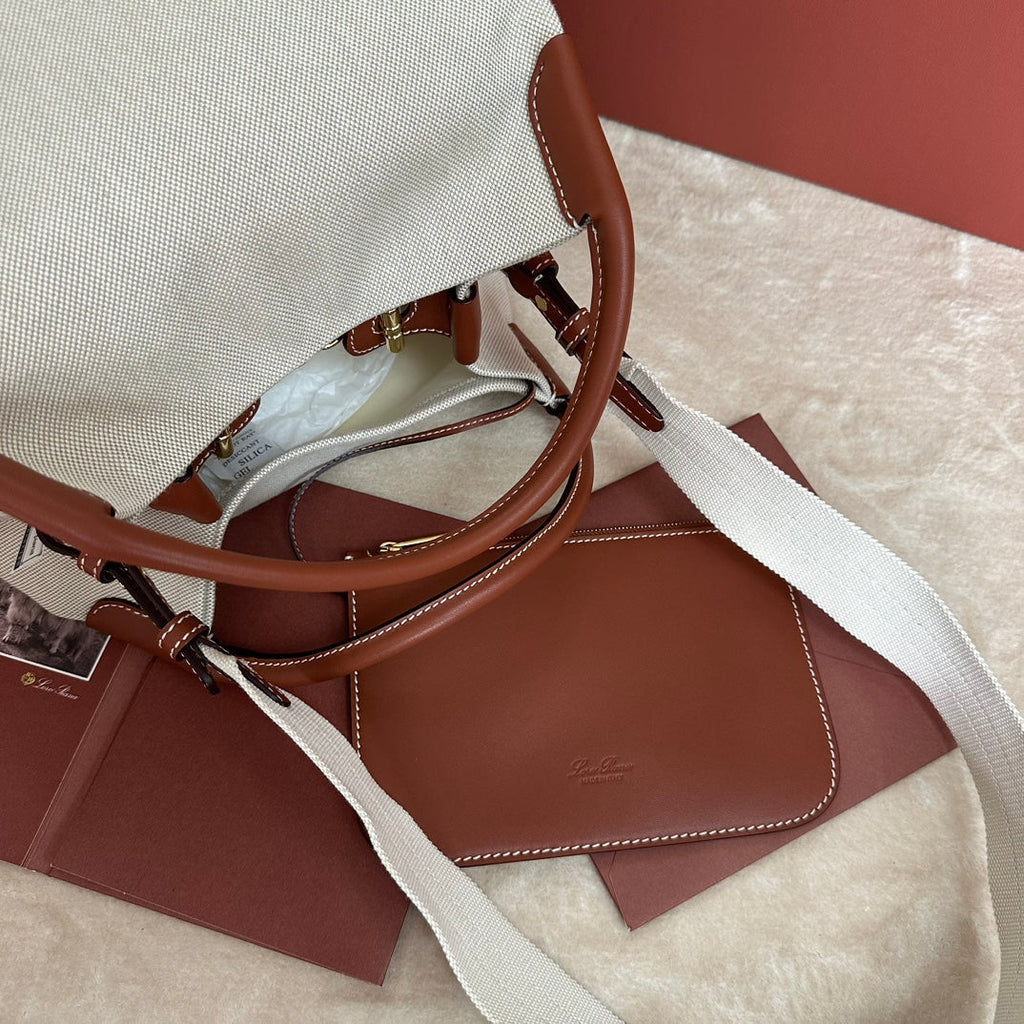 LORO PIANA LARGE 36 BALE BAG IN WHITE CANVAS AND CHESTNUT BROWN CALFSKIN