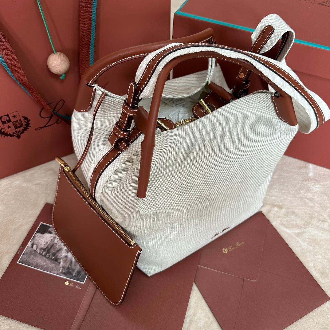 LORO PIANA LARGE 36 BALE BAG IN WHITE CANVAS AND CHESTNUT BROWN CALFSKIN