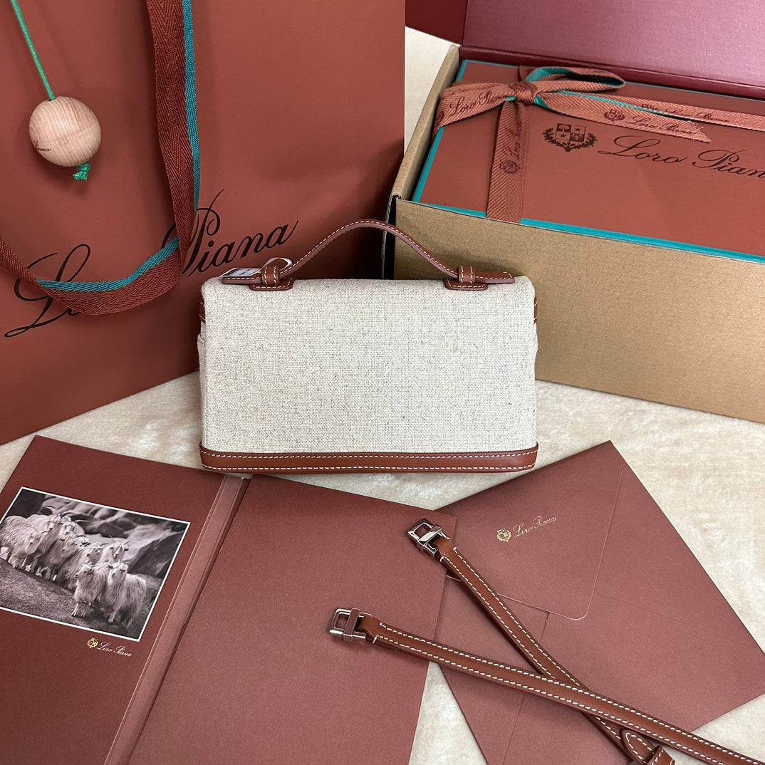 LORO PIANA EXTRA POCKET L19 IN WHITE CANVAS AND BRONZE BROWN CALFSKIN WITH SILVER HARDWARE