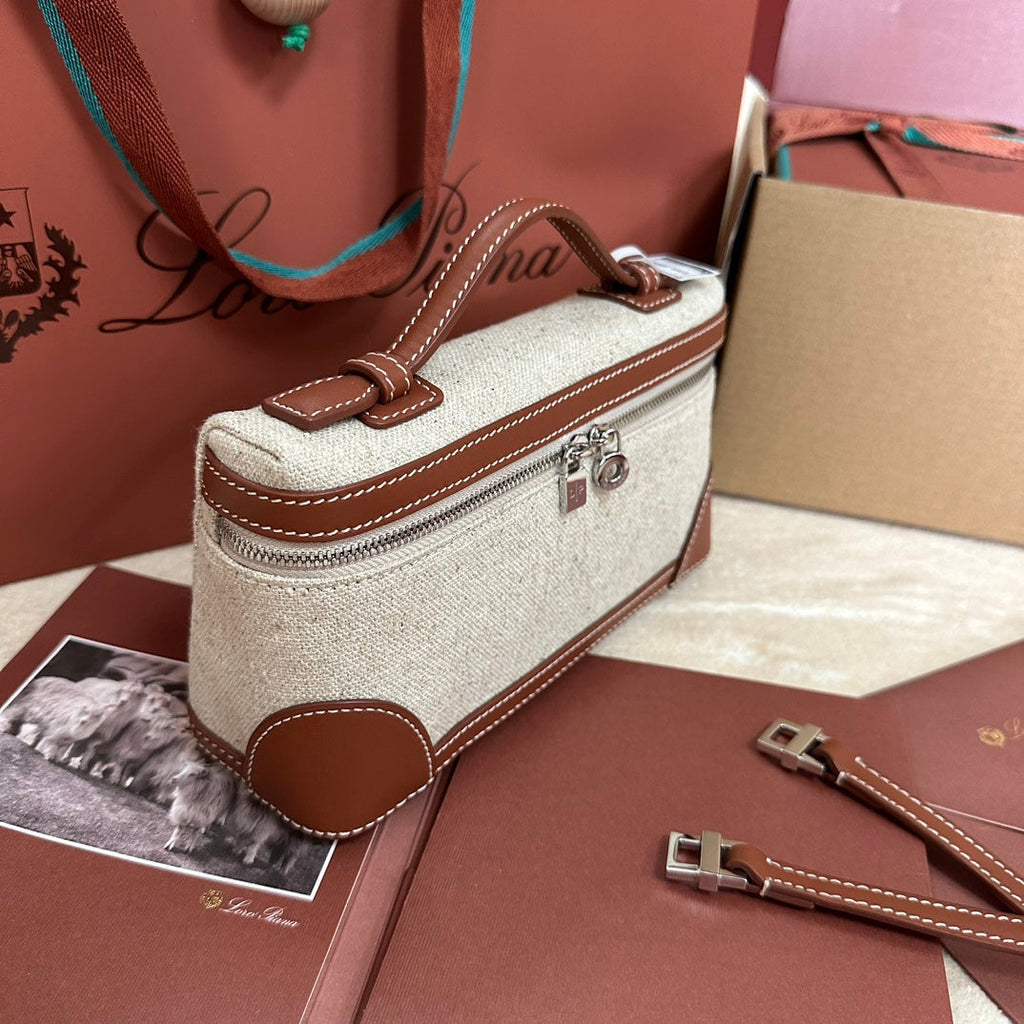 LORO PIANA EXTRA POCKET L19 IN WHITE CANVAS AND BRONZE BROWN CALFSKIN WITH SILVER HARDWARE