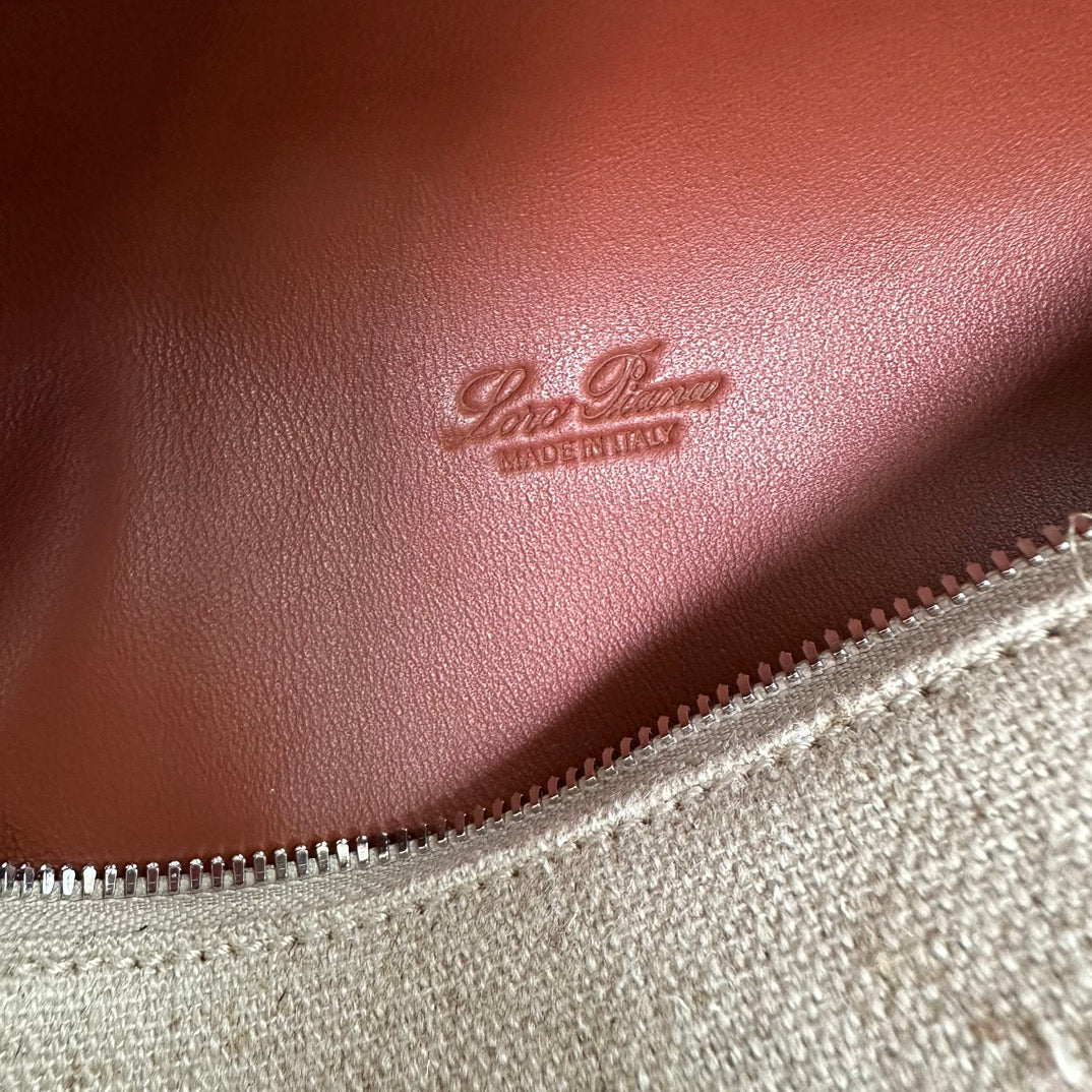 LORO PIANA EXTRA POCKET L19 IN WHITE CANVAS AND BRONZE BROWN CALFSKIN WITH SILVER HARDWARE