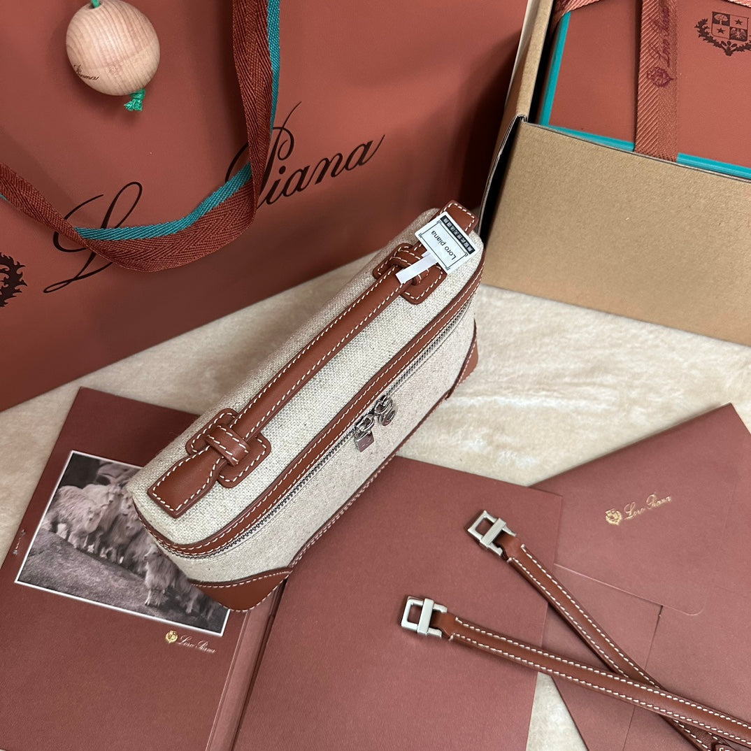 LORO PIANA EXTRA POCKET L19 IN WHITE CANVAS AND BRONZE BROWN CALFSKIN WITH SILVER HARDWARE