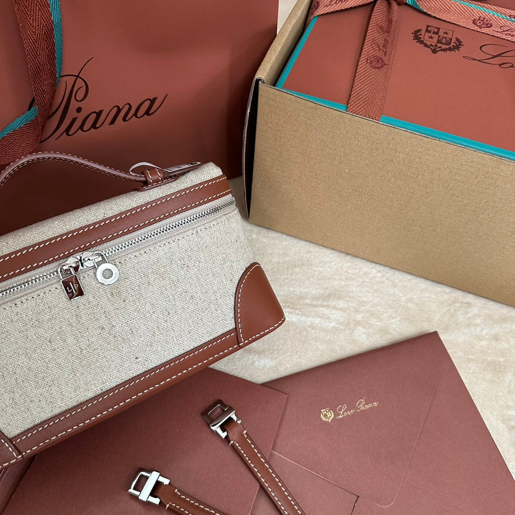 LORO PIANA EXTRA POCKET L19 IN WHITE CANVAS AND BRONZE BROWN CALFSKIN WITH SILVER HARDWARE