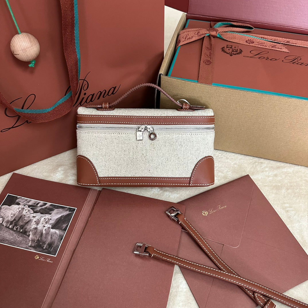 LORO PIANA EXTRA POCKET L19 IN WHITE CANVAS AND BRONZE BROWN CALFSKIN WITH SILVER HARDWARE