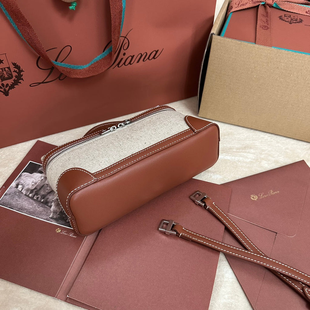 LORO PIANA EXTRA POCKET L19 IN WHITE CANVAS AND BRONZE BROWN CALFSKIN WITH SILVER HARDWARE