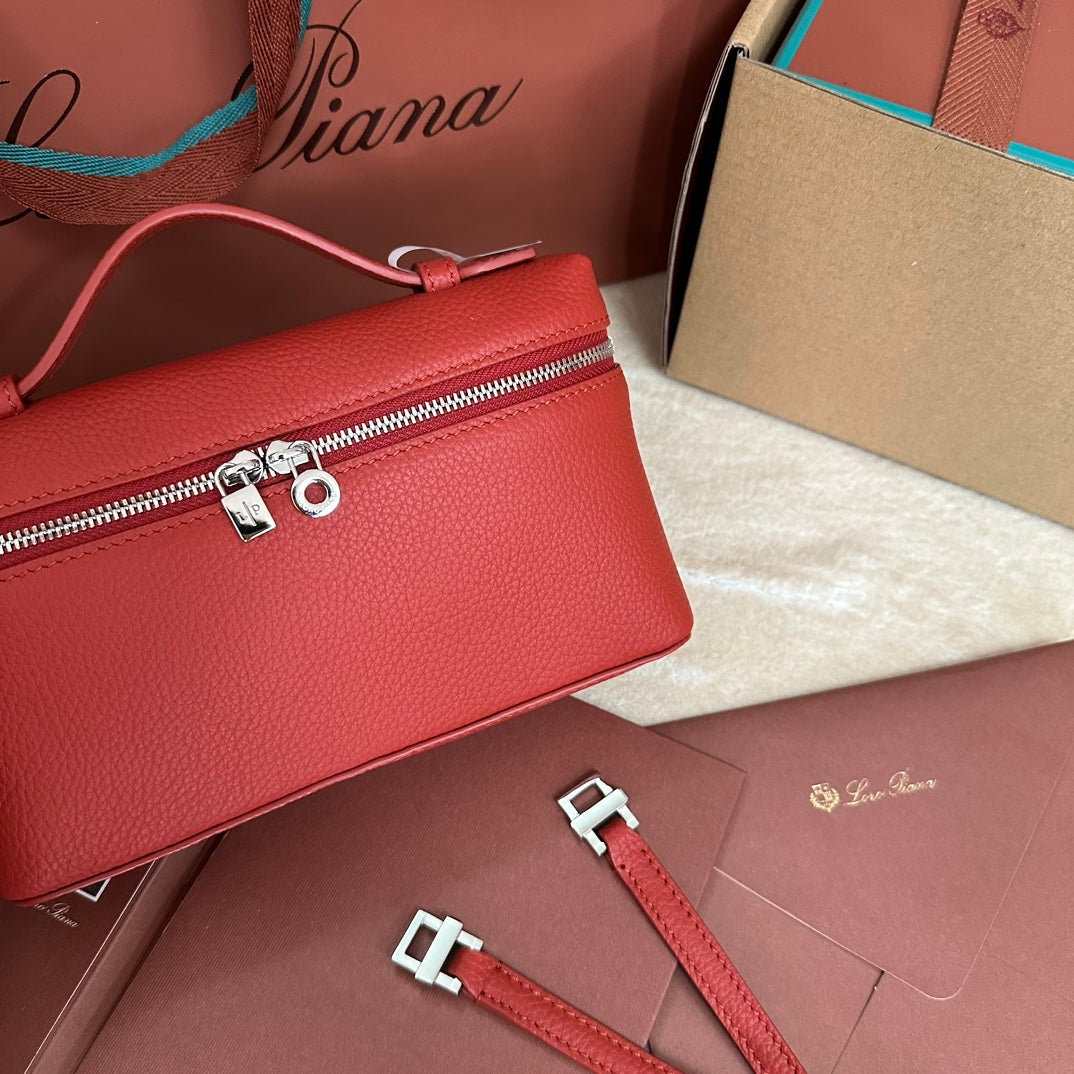 LORO PIANA EXTRA POCKET L19 IN CHERRY RED CALFSKIN WITH SILVER HARDWARE
