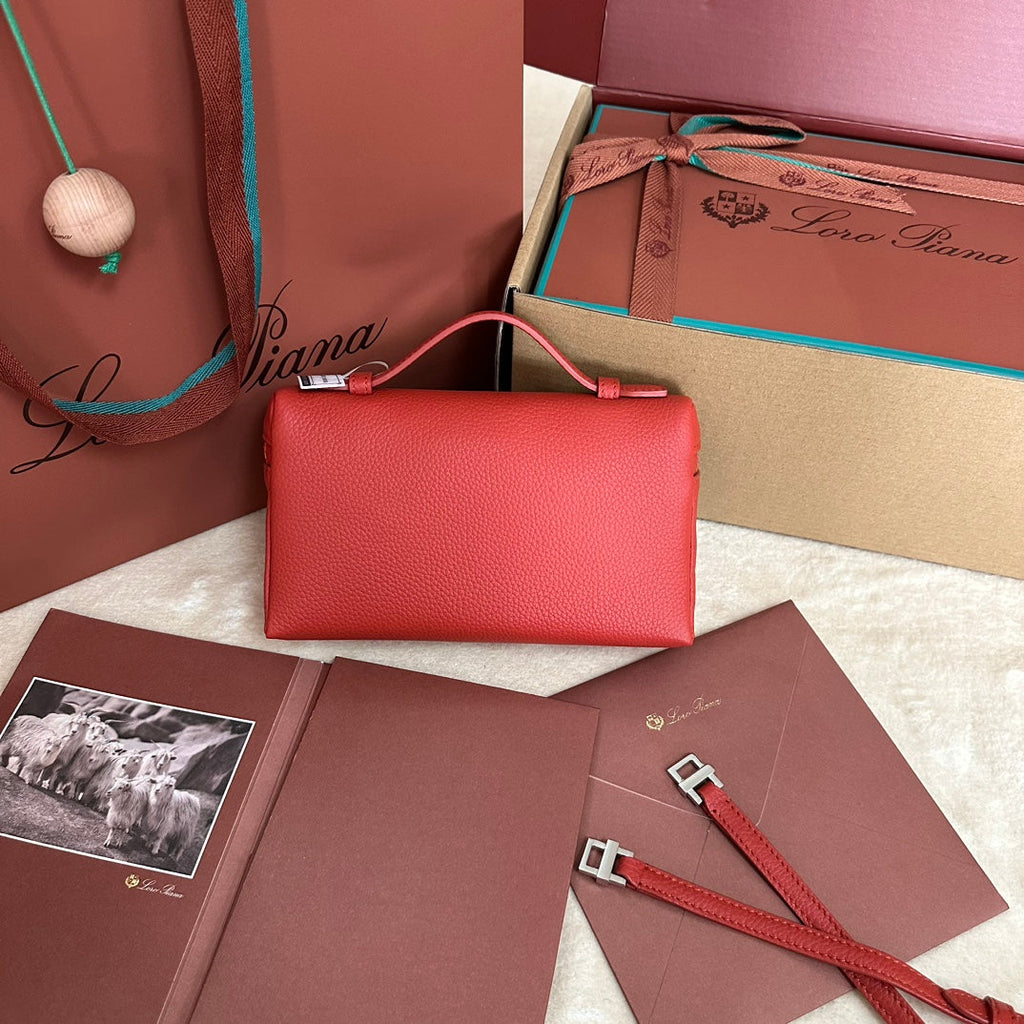 LORO PIANA EXTRA POCKET L19 IN CHERRY RED CALFSKIN WITH SILVER HARDWARE