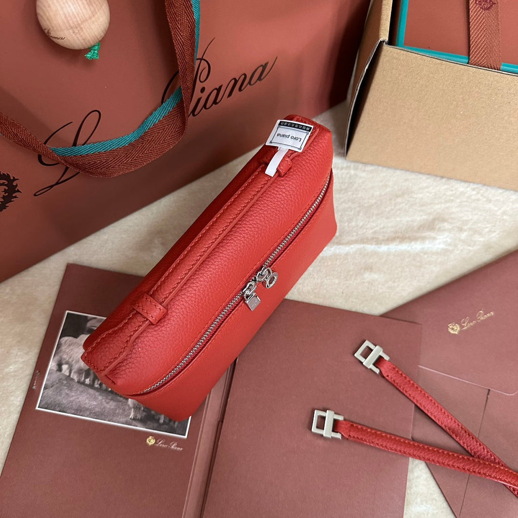 LORO PIANA EXTRA POCKET L19 IN CHERRY RED CALFSKIN WITH SILVER HARDWARE
