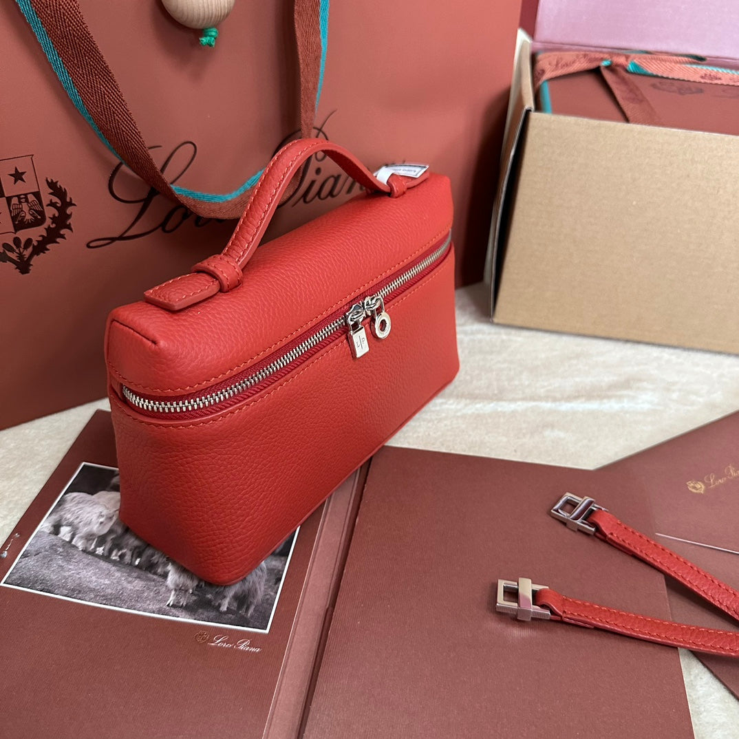 LORO PIANA EXTRA POCKET L19 IN CHERRY RED CALFSKIN WITH SILVER HARDWARE