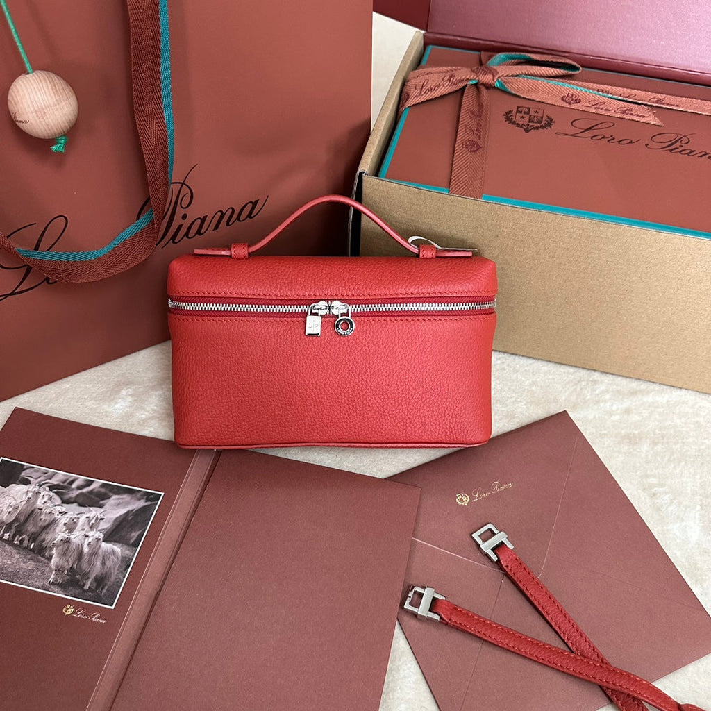 LORO PIANA EXTRA POCKET L19 IN CHERRY RED CALFSKIN WITH SILVER HARDWARE