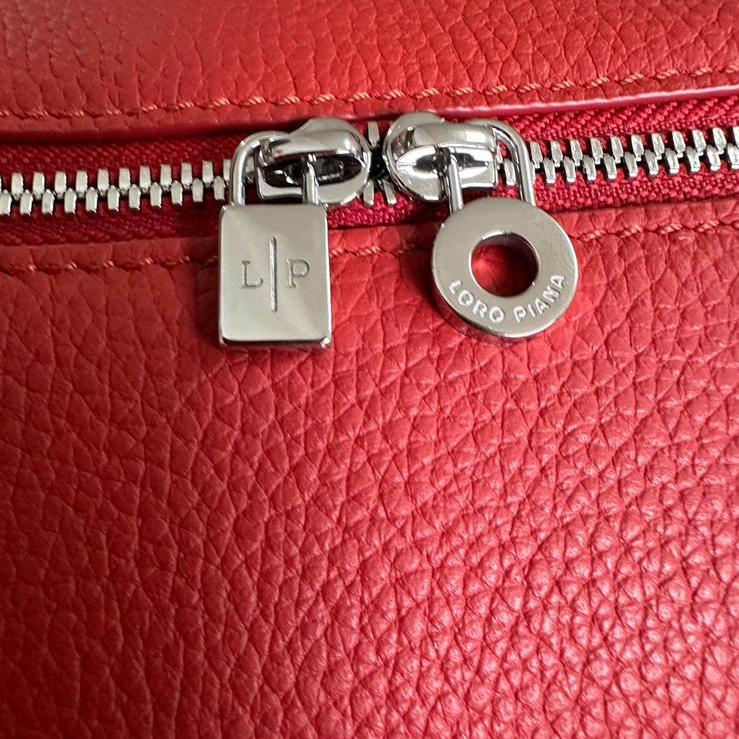 LORO PIANA EXTRA POCKET L19 IN CHERRY RED CALFSKIN WITH SILVER HARDWARE