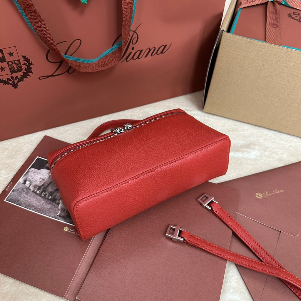 LORO PIANA EXTRA POCKET L19 IN CHERRY RED CALFSKIN WITH SILVER HARDWARE