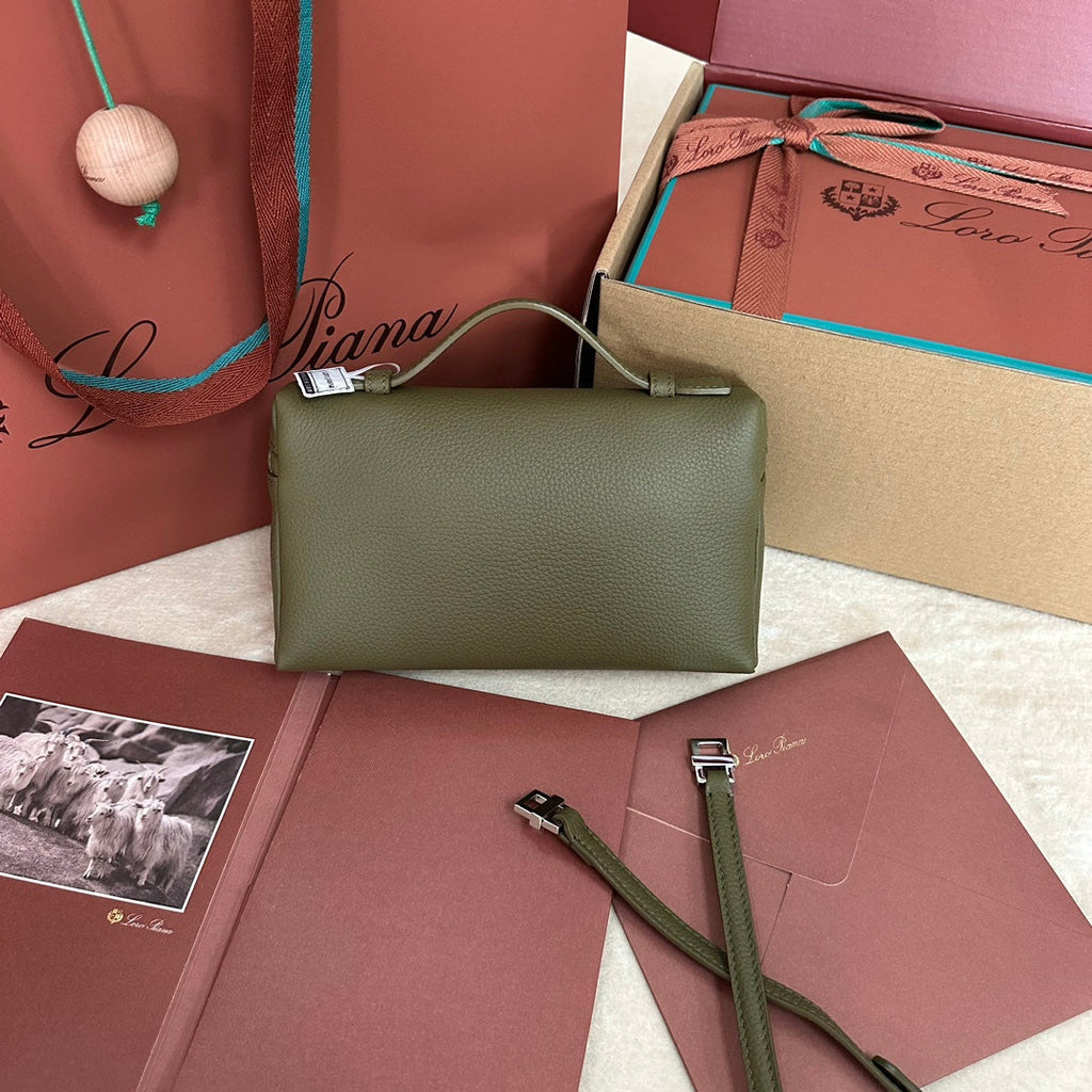 LORO PIANA EXTRA POCKET L19 IN OLIVE GREEN CALFSKIN WITH SILVER HARDWARE