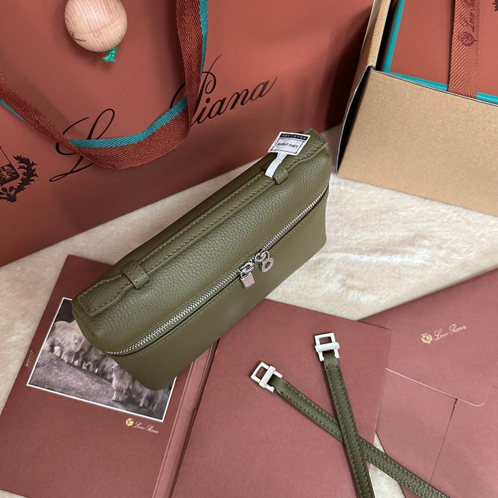 LORO PIANA EXTRA POCKET L19 IN OLIVE GREEN CALFSKIN WITH SILVER HARDWARE