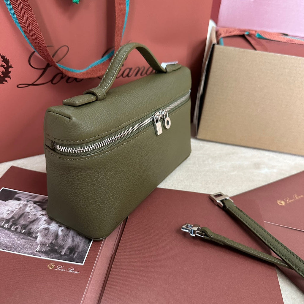 LORO PIANA EXTRA POCKET L19 IN OLIVE GREEN CALFSKIN WITH SILVER HARDWARE