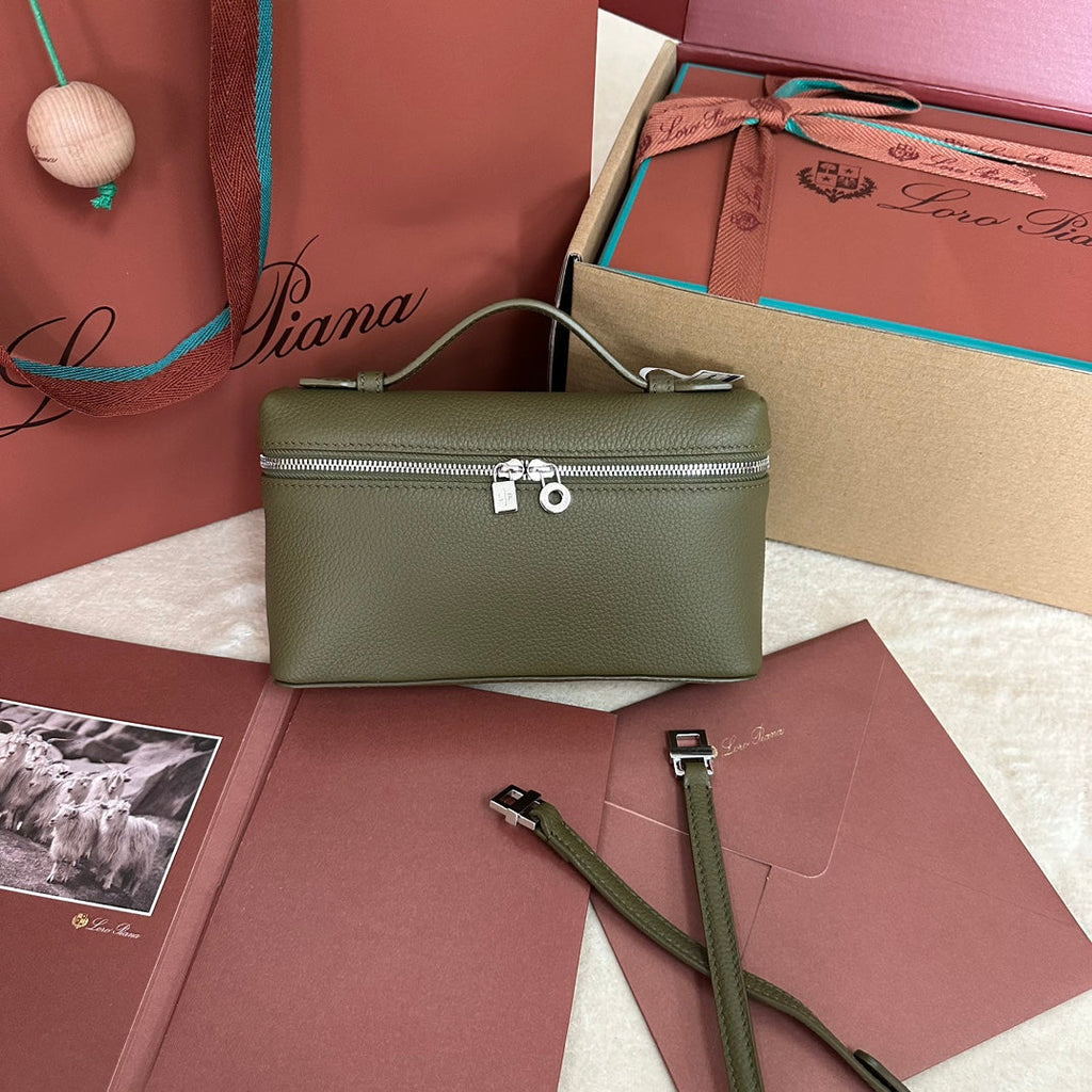 LORO PIANA EXTRA POCKET L19 IN OLIVE GREEN CALFSKIN WITH SILVER HARDWARE