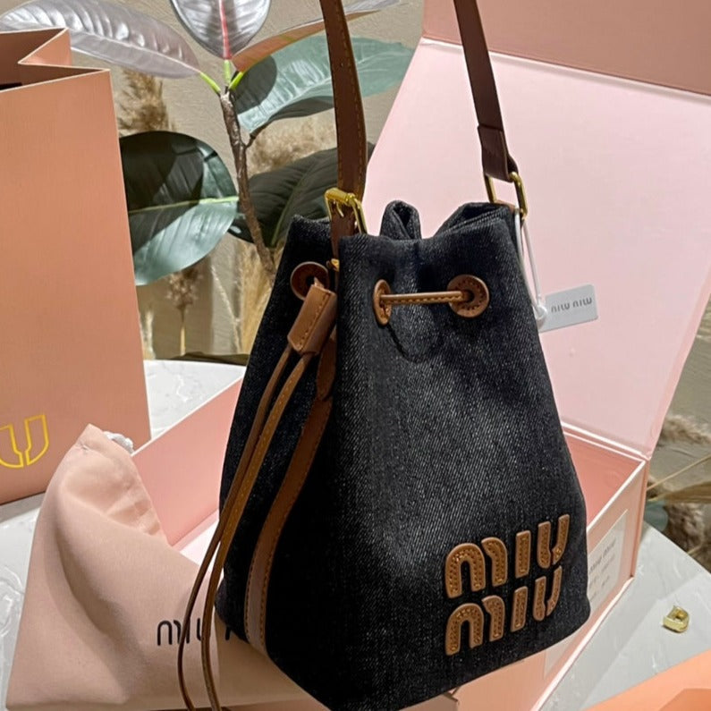 MIU MIU TOTE 22 BAG IN BLACK DENIM