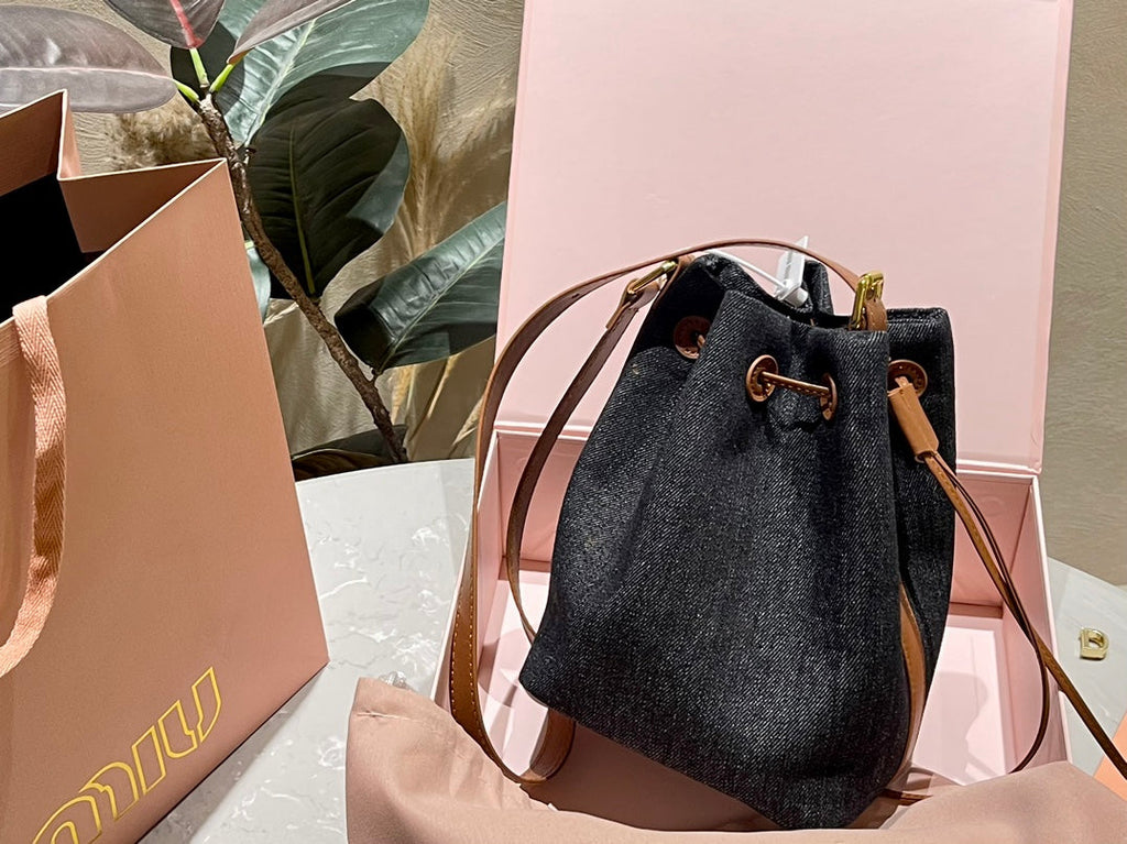 MIU MIU TOTE 22 BAG IN BLACK DENIM