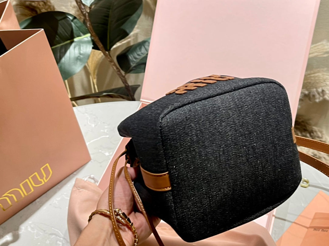 MIU MIU TOTE 22 BAG IN BLACK DENIM