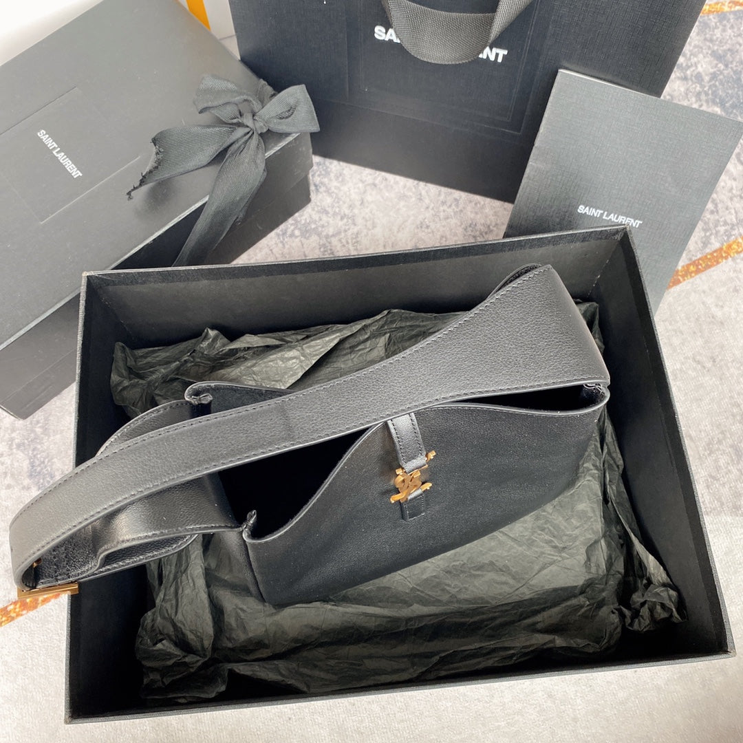 SAINT LAURENT LE 5 À 7 SMALL SUPPLE 23 IN GRAY LAMBSKIN GOLD BUCKLE