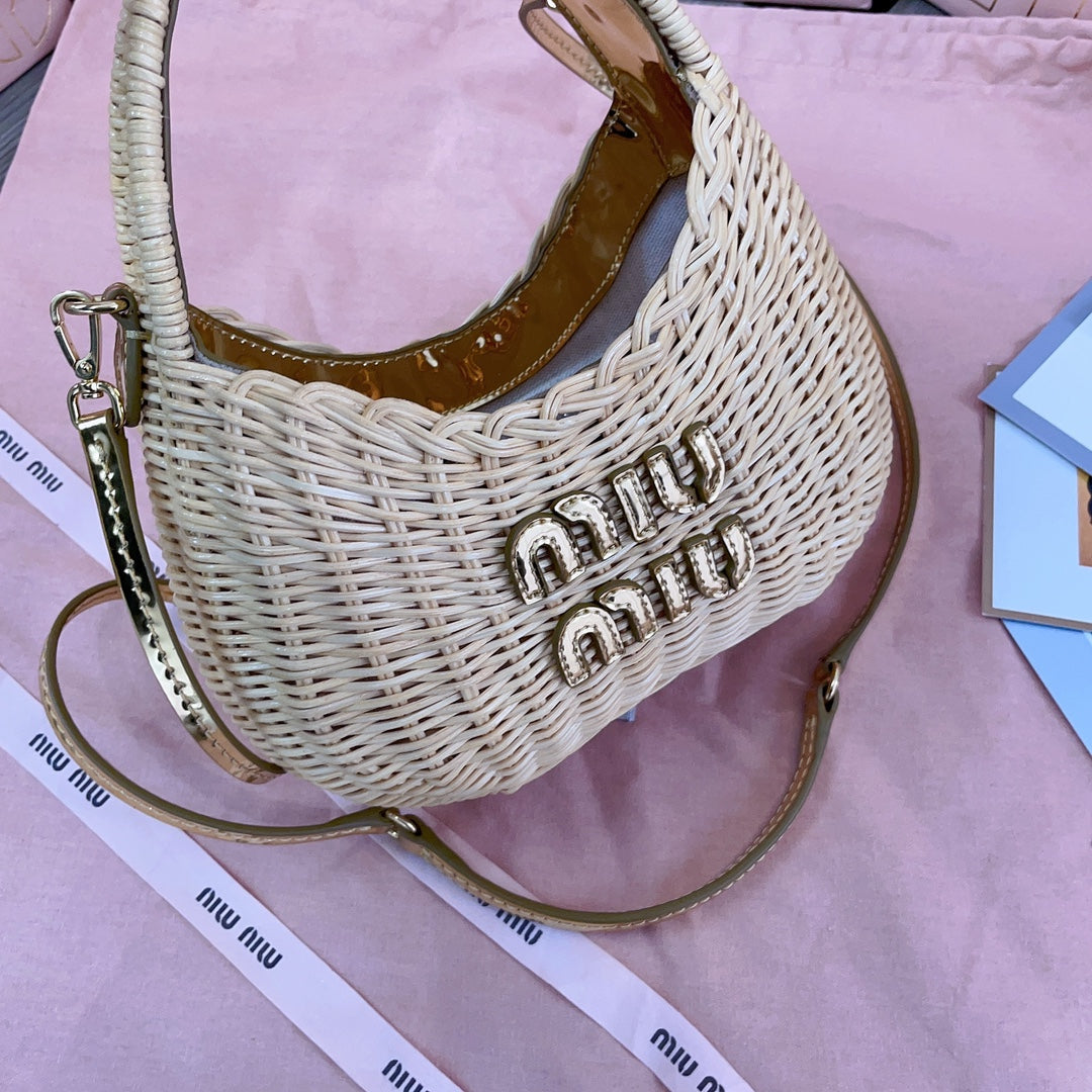 MIU MIU WANDER WICKER HOBO BAG 20 IN TAN MIX CARAMEL BROWN HANDWOVEN