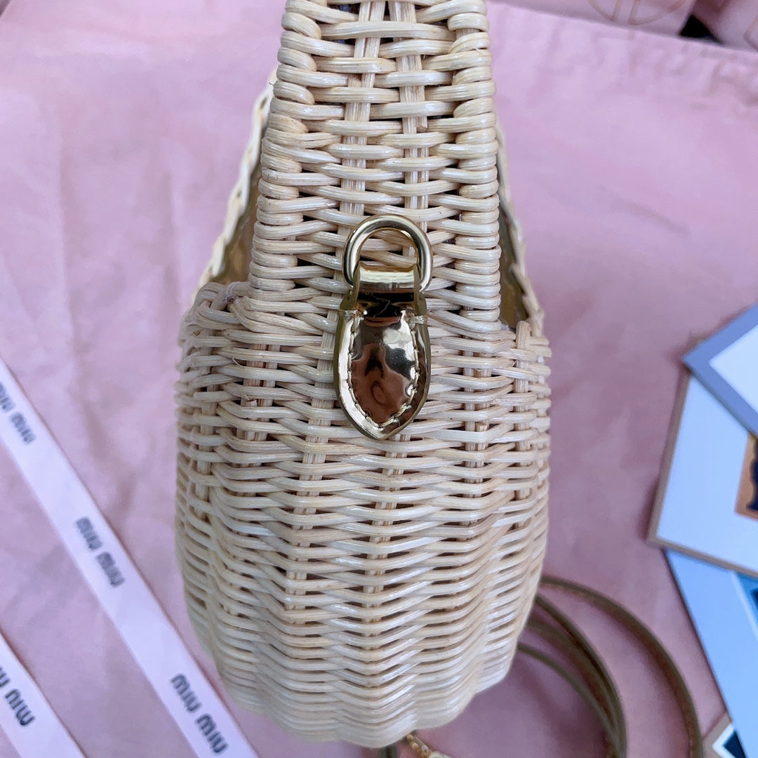 MIU MIU WANDER WICKER HOBO BAG 20 IN TAN MIX CARAMEL BROWN HANDWOVEN