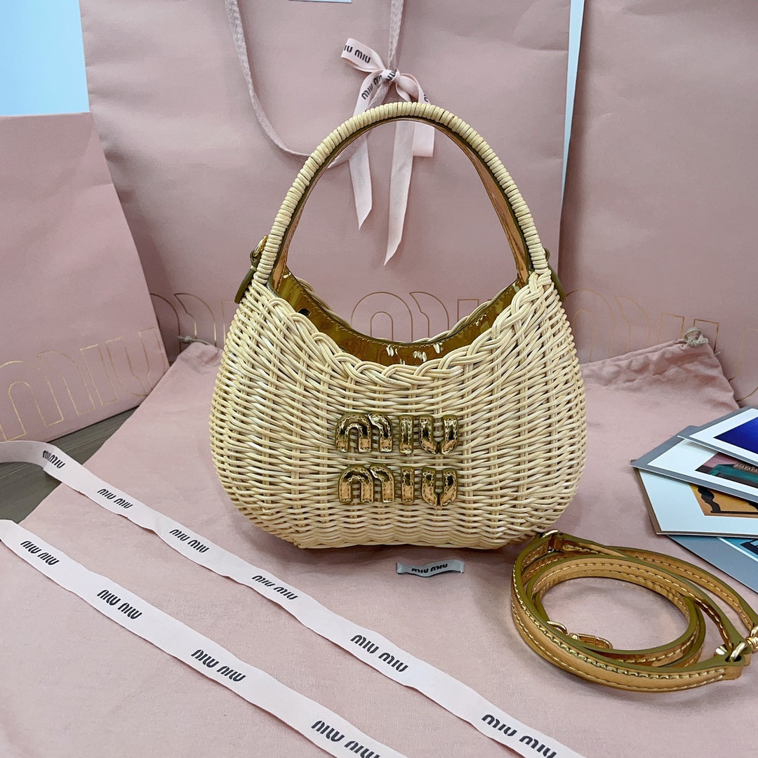 MIU MIU WANDER WICKER HOBO BAG 20 IN TAN MIX CARAMEL BROWN HANDWOVEN