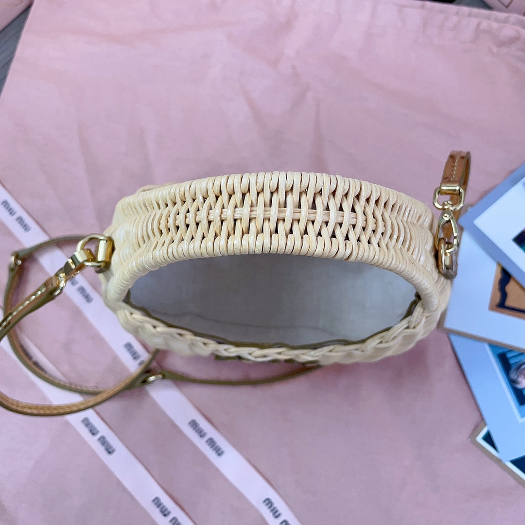 MIU MIU WANDER WICKER HOBO BAG 20 IN TAN MIX CARAMEL BROWN HANDWOVEN