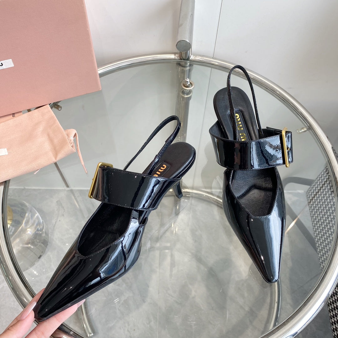 HIGH-SLINGBACK POINTED TOE SANDALS BLACK COWHIDE