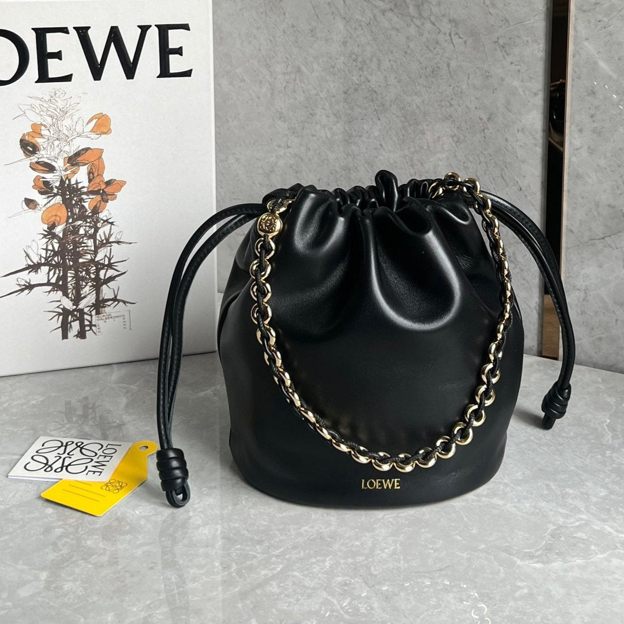 LOEWE LOE 32 FLAMENCO PURSE BUCKET IN BLACK MELLOW NAPPA LAMBSKIN