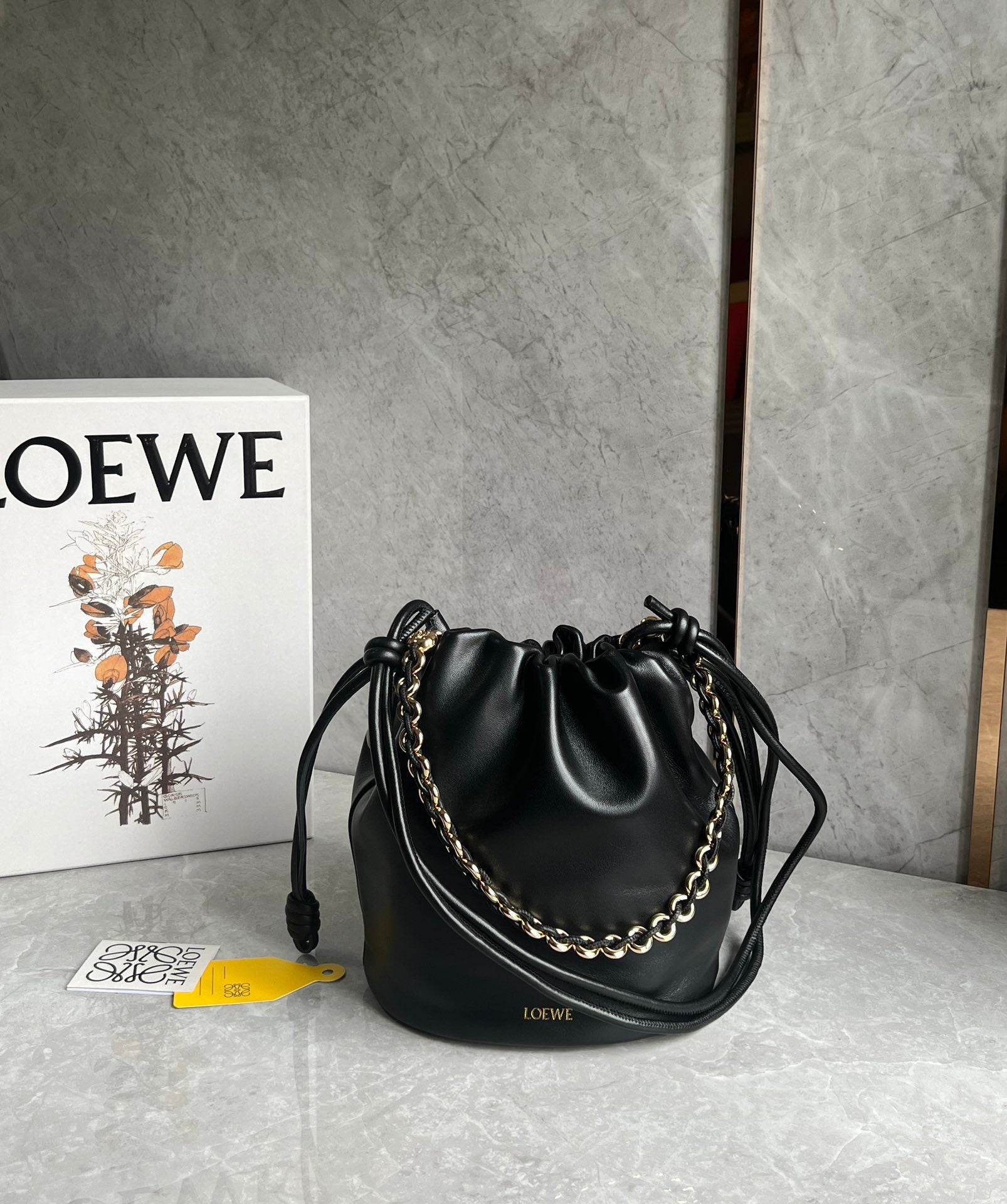 LOEWE LOE 32 FLAMENCO PURSE BUCKET IN BLACK MELLOW NAPPA LAMBSKIN