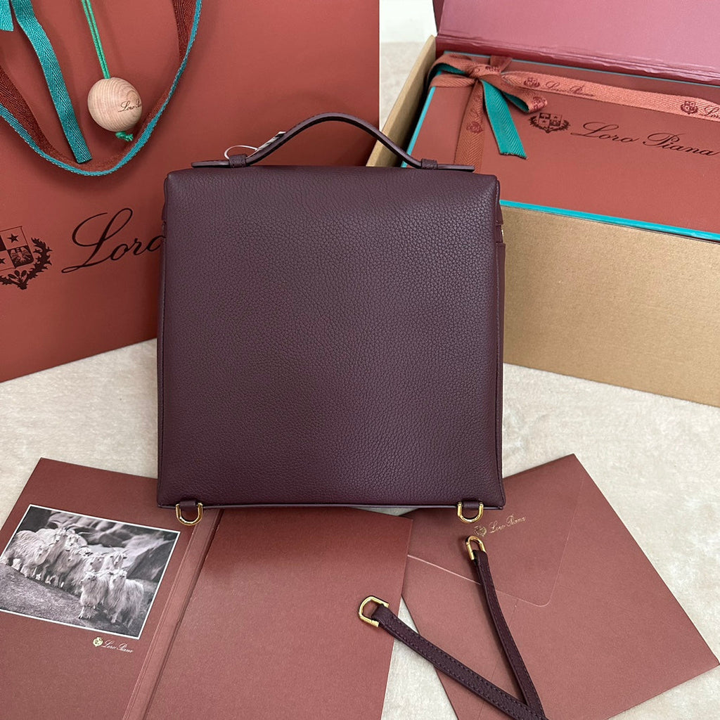 LORO PIANA EXTRA POCKET BACKPACK L23.5 IN WINE PURPLE CALFSKIN WITH GOLD HARDWARE