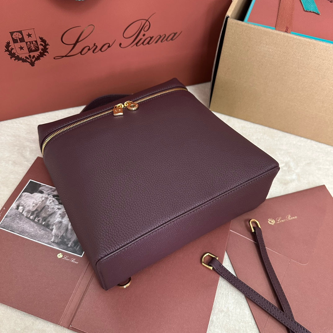 LORO PIANA EXTRA POCKET BACKPACK L23.5 IN WINE PURPLE CALFSKIN WITH GOLD HARDWARE