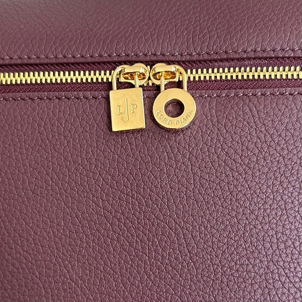 LORO PIANA EXTRA POCKET BACKPACK L23.5 IN WINE PURPLE CALFSKIN WITH GOLD HARDWARE