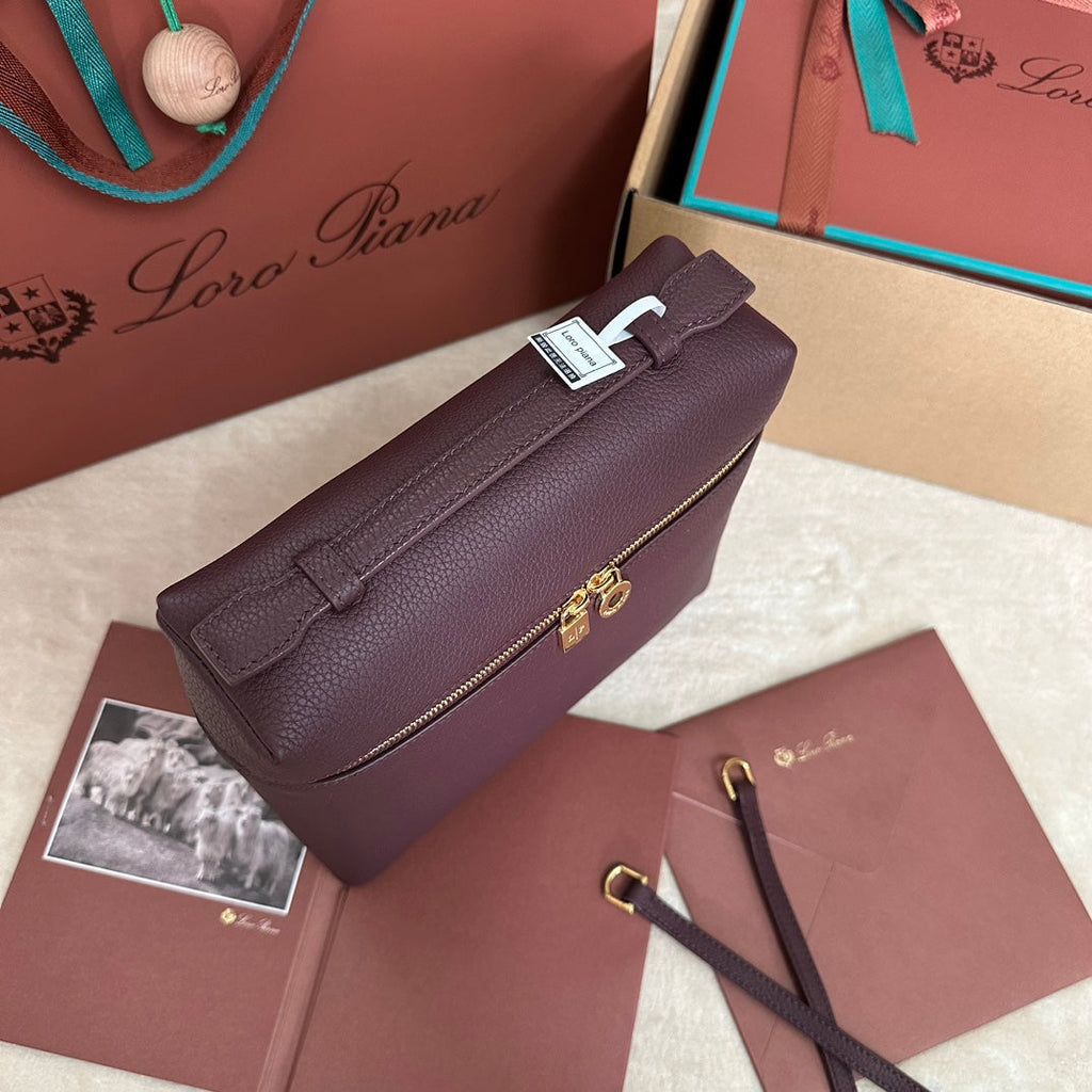 LORO PIANA EXTRA POCKET BACKPACK L23.5 IN WINE PURPLE CALFSKIN WITH GOLD HARDWARE