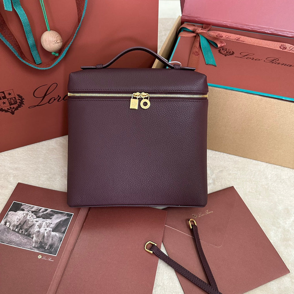 LORO PIANA EXTRA POCKET BACKPACK L23.5 IN WINE PURPLE CALFSKIN WITH GOLD HARDWARE
