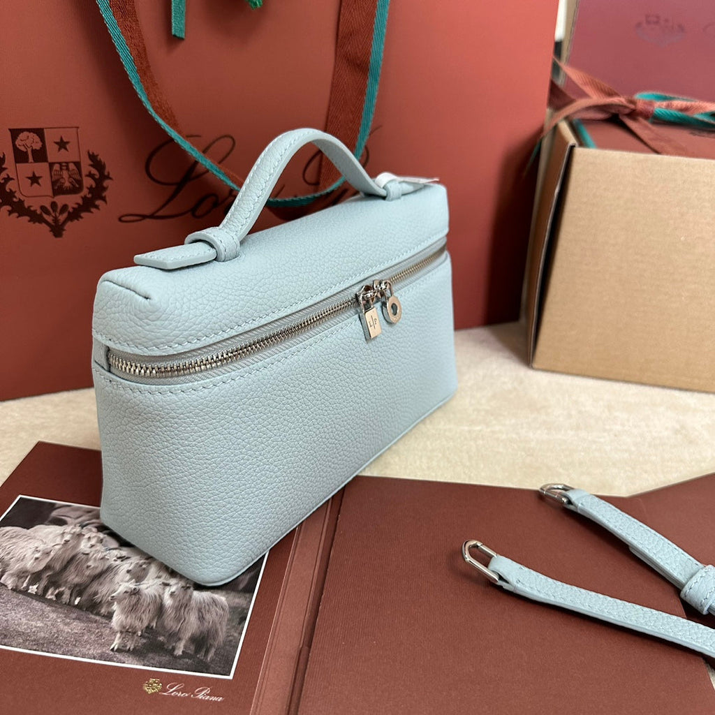 LORO PIANA EXTRA POCKET L19 IN LIGHT BLUE CALFSKIN WITH SILVER HARDWARE