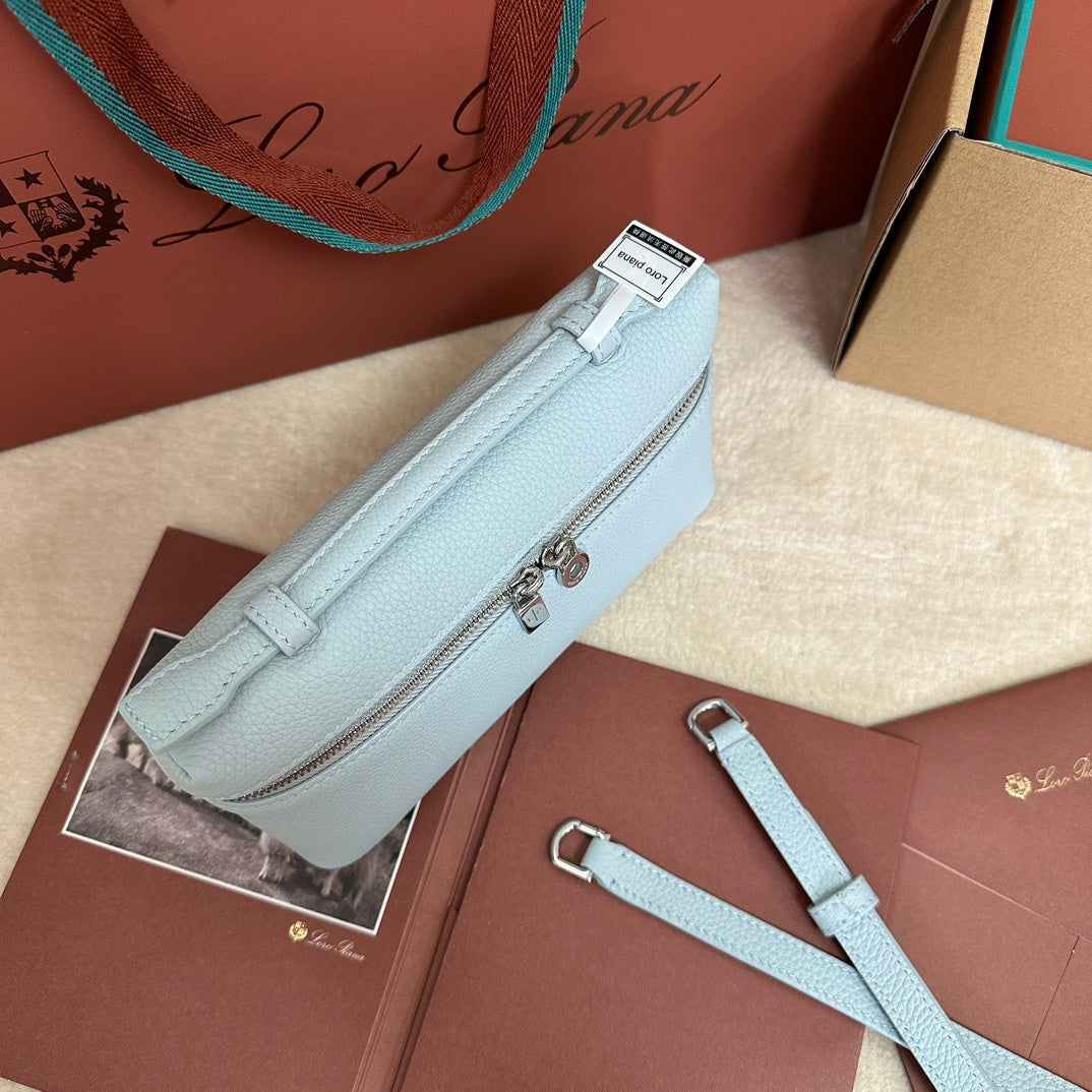 LORO PIANA EXTRA POCKET L19 IN LIGHT BLUE CALFSKIN WITH SILVER HARDWARE