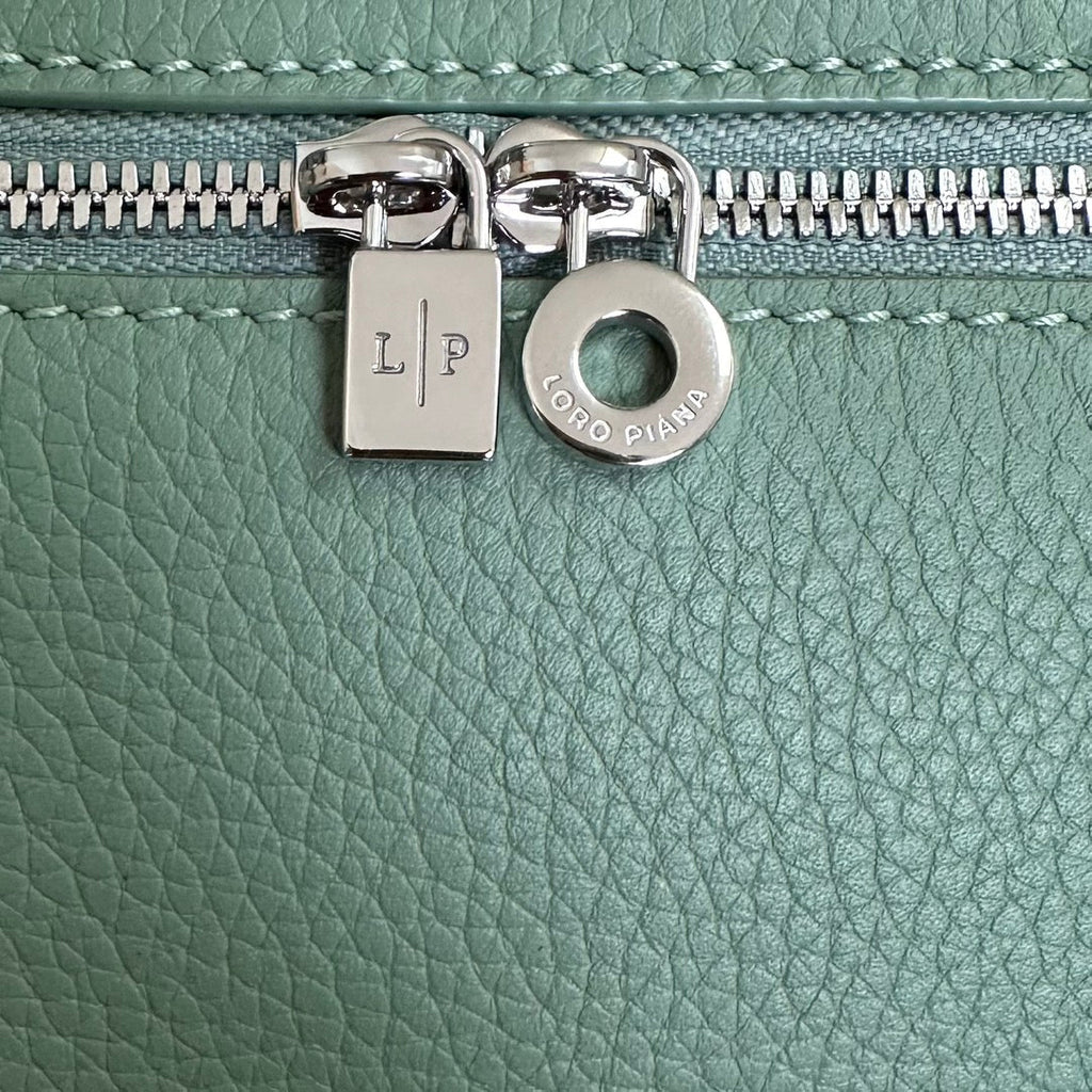 LORO PIANA EXTRA POCKET L19 IN TEAL GREEN CALFSKIN WITH SILVER HARDWARE