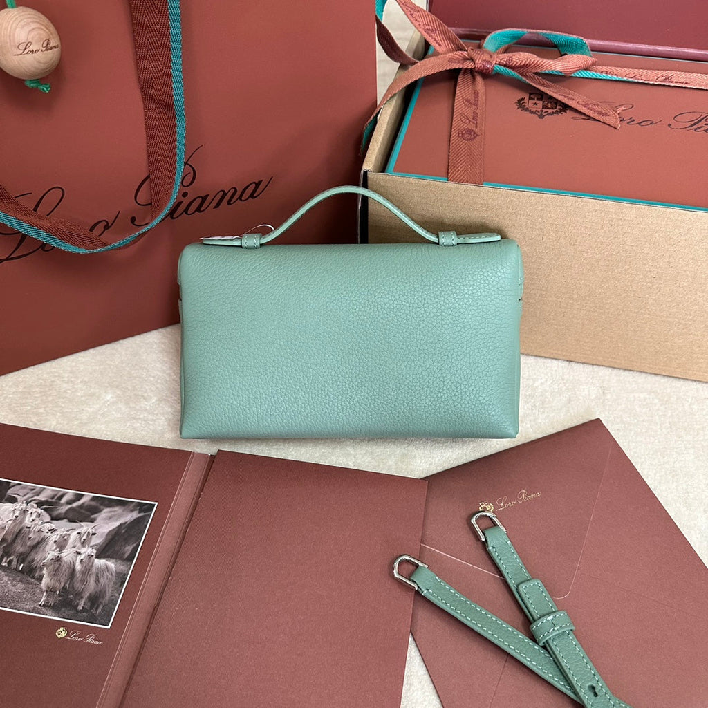 LORO PIANA EXTRA POCKET L19 IN TEAL GREEN CALFSKIN WITH SILVER HARDWARE