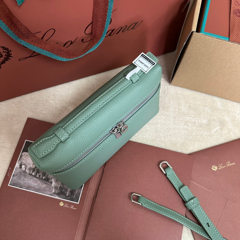 LORO PIANA EXTRA POCKET L19 IN TEAL GREEN CALFSKIN WITH SILVER HARDWARE