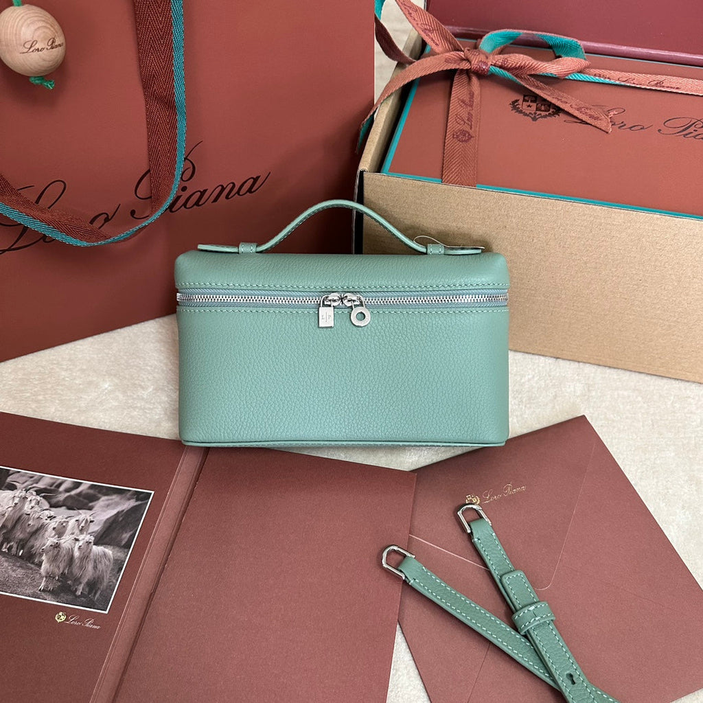 LORO PIANA EXTRA POCKET L19 IN TEAL GREEN CALFSKIN WITH SILVER HARDWARE